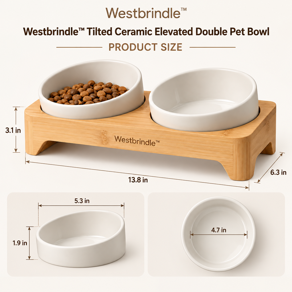 Westbrind™ Elevated Wooden Double Pet Bowl Stand dimensions