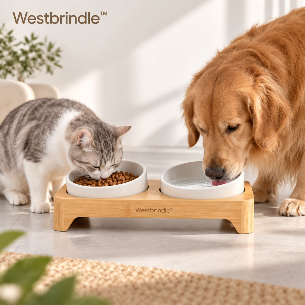Westbrind™ Elevated Wooden Double Pet Bowl Stand lifestyle